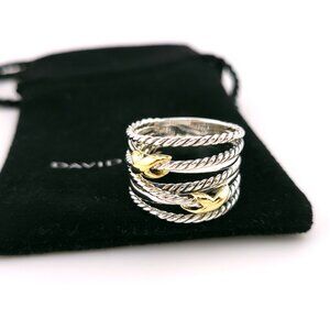 David Yurman Sterling Silver Double X 18k Gold Crossover Band Ring Size 6